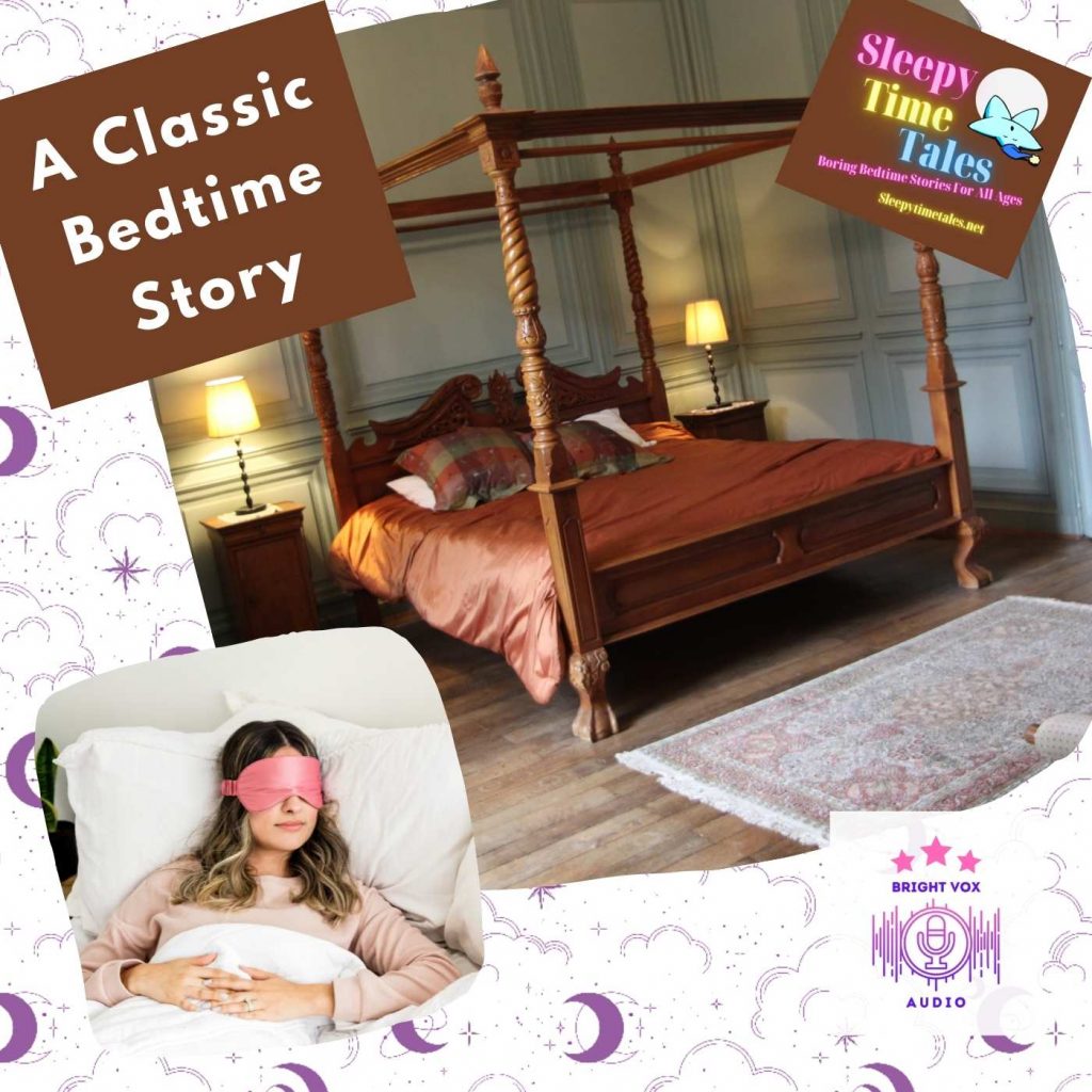 this bedtime story goes to the classics with Little Women. The picture has a four poster regency bed and a woman sleeping with an eyemask on. The Sleepy Time tales and Bright Vox Audio logos and the text 'a classic bedtime story'