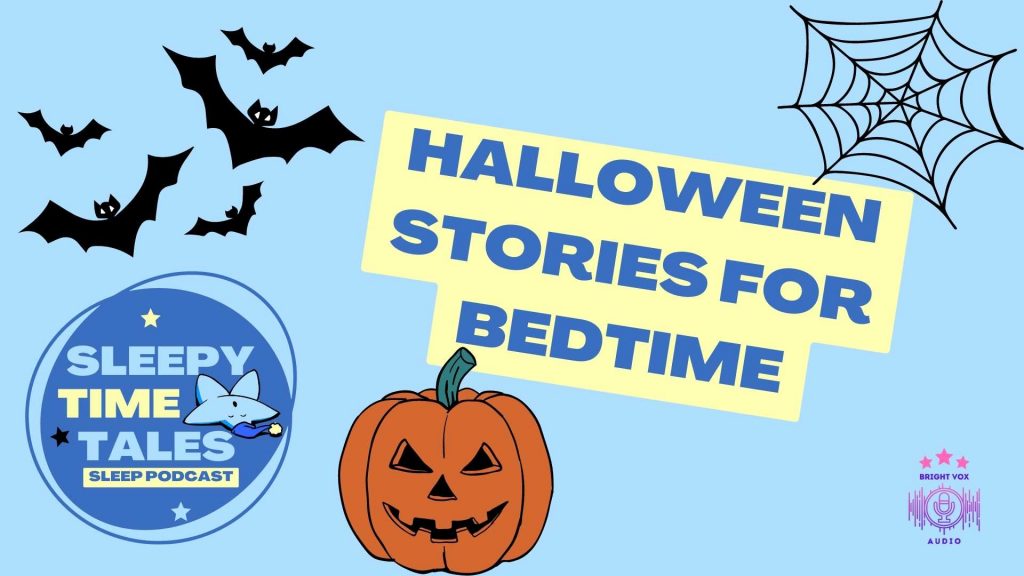 Halloween themed art for Sleepy Time Tales
New logo with a Jack O'Lantern, BAts and a Spider Web all in cartoony style.
Text saying 'Halloween Stories for Bedtime'
These stories will help sleep come